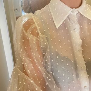Sheer statement button down with puff sleeves
